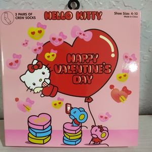 3 Pairs Hello Kitty Crew Socks Valentine's Day Hearts Love 4-10 NIB
